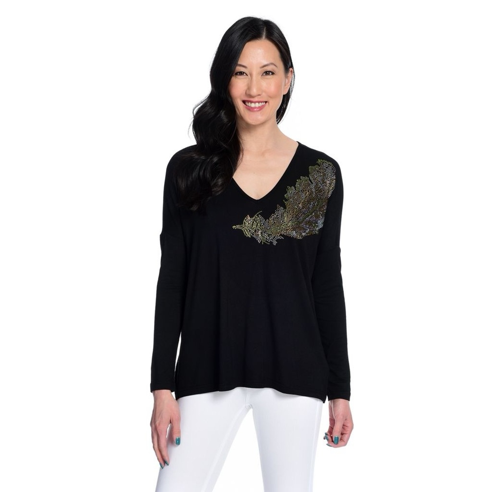 Stretch Knit Bracelet Sleeve Embellished Front V-Neck Hi-Lo Top